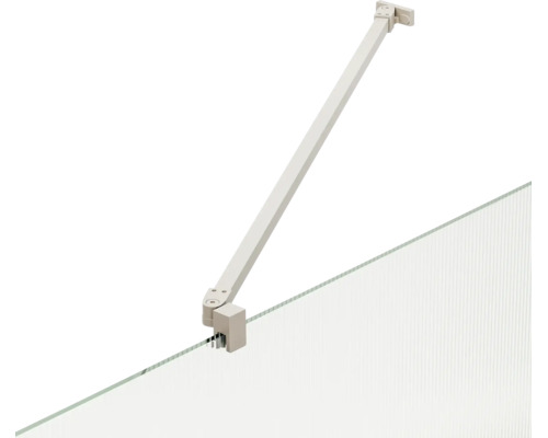 Stabilisatiestang voor douchewand van metaal met wandsteun en glasklem voor het bevestigen van glazen douchewanden.