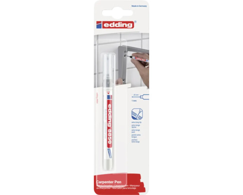 Edding 8850 boorgatmarkeerstift met extra lange punt in verpakking inclusief gebruiksaanwijzing voor markeringen op moeilijk bereikbare plekken.
