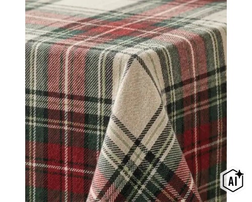 Tafelkleed met een klassiek Schots ruitpatroon als decoratief tafeltextiel. (Image AI modified or generated)
