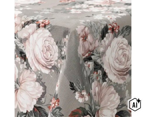Tafelkleed met bloemenpatroon van rozen in stoflook voor de eettafel. (Image AI modified or generated)