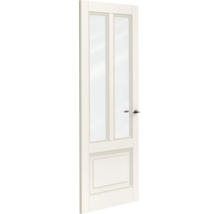 Witte binnendeur met twee glaspanelen en één paneel onderaan, inclusief deurklink.