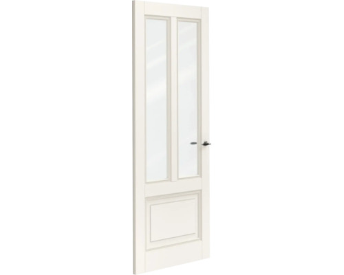 Witte binnendeur met twee glaspanelen en één paneel onderaan, inclusief deurklink.