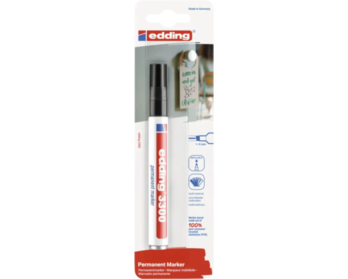 Edding 3300 permanente marker in verpakking met informatie over de schrijfbreedte en de behuizing van gerecycled aluminium.