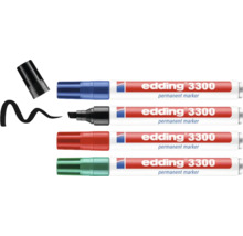 Set van vier Edding 3300 permanente markers in diverse kleuren met beitelpunt voor nauwkeurig markeren en schrijven.