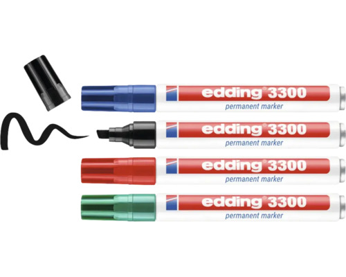 Set van vier Edding 3300 permanente markers in diverse kleuren met beitelpunt voor nauwkeurig markeren en schrijven.