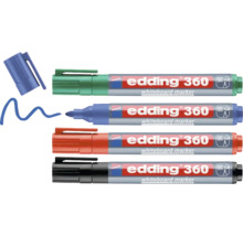 Set van vier edding 360 whiteboardmarkers in verschillende kleuren met ronde punt.