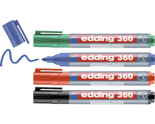 Set van vier edding 360 whiteboardmarkers in verschillende kleuren met ronde punt.
