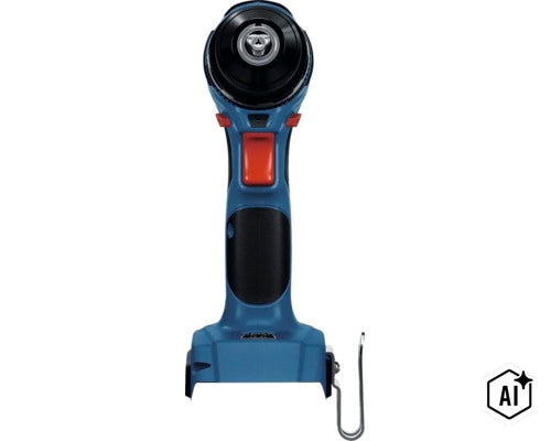 Accuboormachine in vooraanzicht met boorkop en riemclip. (Image AI modified or generated)