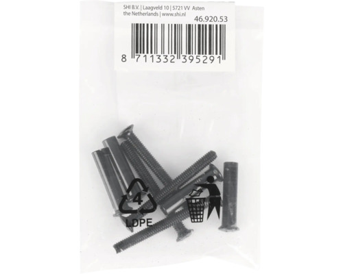 Set schroeven en schroefhulzen in een transparante plastic verpakking met barcode