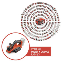 Accuschaafmachine van Einhell als onderdeel van de Power X-Change productfamilie met een overzicht van andere compatibele accugereedschappen.