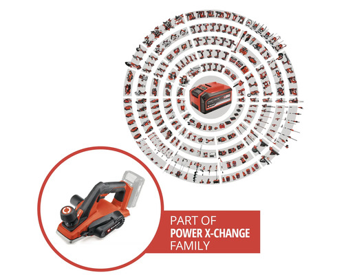 Accuschaafmachine van Einhell als onderdeel van de Power X-Change productfamilie met een overzicht van andere compatibele accugereedschappen.