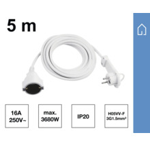 Verlengsnoer, 5 meter, 16 Ampère, 250 Volt, maximaal vermogen 3680 Watt, beschermingsklasse IP20, kabeltype H05VV-F 3G1.5 vierkante millimeter