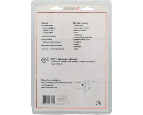 Achterzijde van de verpakking van een Aron veiligheidsslot met informatie over de inhoud, benodigd gereedschap, SKG-keurmerk en montage instructies.
