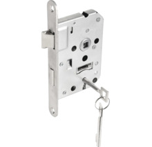 Een metalen insteekslot voor binnendeuren inclusief een bijbehorende sleutel aan een sleutelring.