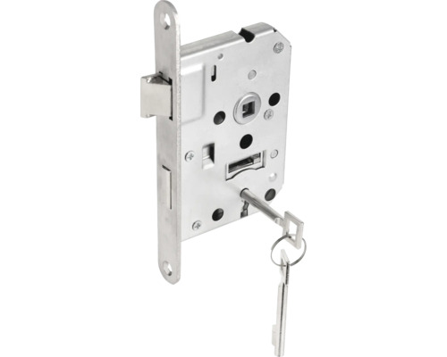 Een metalen insteekslot voor binnendeuren inclusief een bijbehorende sleutel aan een sleutelring.
