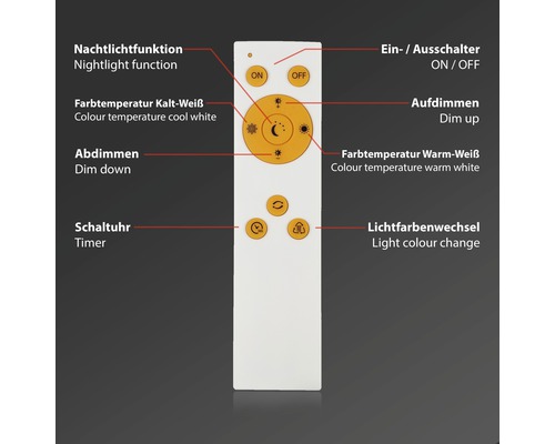 Afstandsbediening voor verlichting met functies voor nachtlampje, kleurtemperatuur, dimmen, timer en lichtkleurverandering