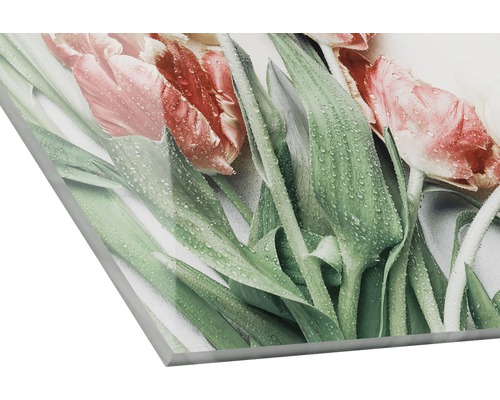 Close-up van een acrylglasfoto met tulpenmotief en waterdruppels