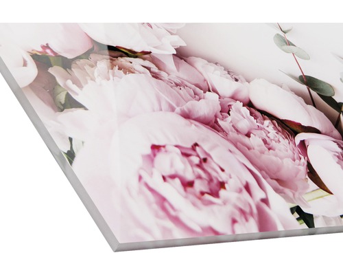 Close-up van een acrylglasfoto met pioenrozenmotief