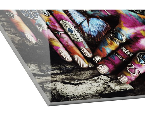 Acrylglasfoto met handen, ringen en vlinder