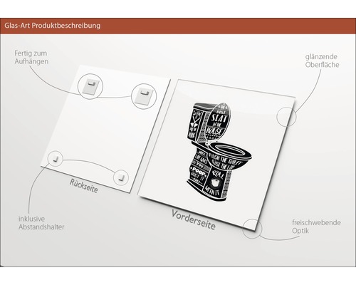 Glasfoto met toiletmotief, inclusief afstandhouder, klaar om op te hangen