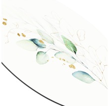 Detailopname van een decor met een bloemmotief van een eucalyptus tak