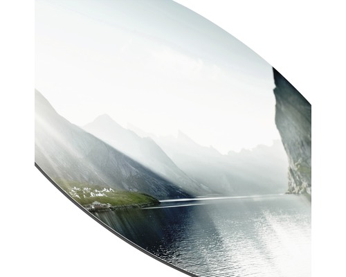 Aluminium foto met een landschapsmotief met bergen en een meer