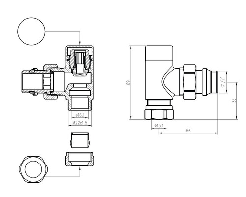 Technische tekening van een hoekstopkraan met maatvoering