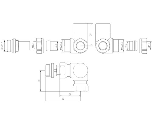 Technische tekening van hoekfittingen met maatvoering