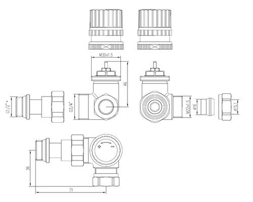 Technische tekening van een radiatorkraan met afmetingen