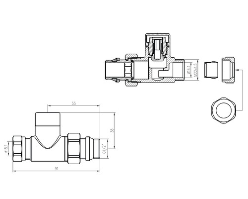 Technische tekening van een T-stuk fitting met maatvoering