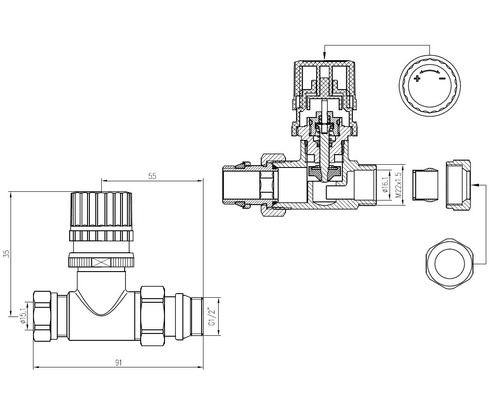 Technische tekening van een radiatorkraan met maatvoering