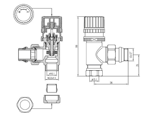 Technische tekening van een radiatorkraan met maataanduidingen