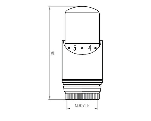 Technische tekening van een thermostatische kop met de afmetingen M30 x 1.5 en een hoogte van 90 millimeter.