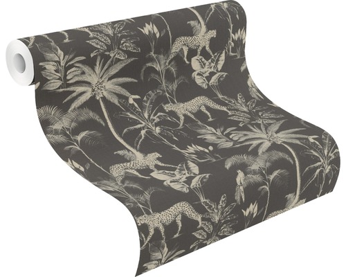 Rol behang met jungle ontwerp met luipaarden en palmbomen