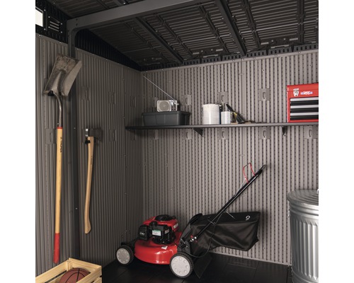 Georganiseerde gereedschapsschuur met tuingereedschap en werktuigen