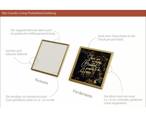 Productbeschrijving van een fotolijst met motief en slanke gouden lijst, voor- en achterkant weergegeven.