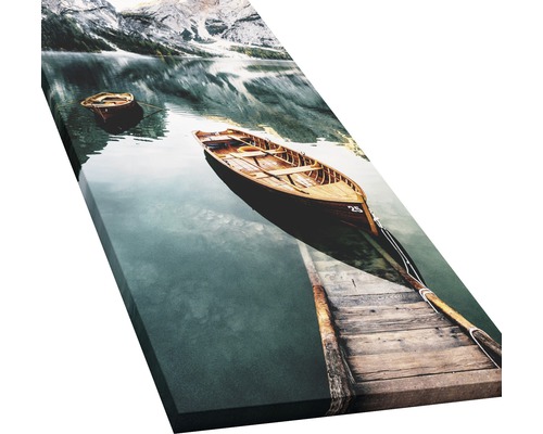 Canvas schilderij met een bootscène op een bergmeer