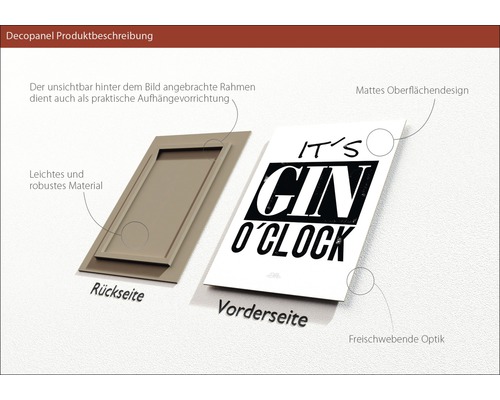 Decopanel productbeschrijving: achterkant met frame en ophangsysteem, voorkant met 'It's Gin O'Clock' print en zwevende look.