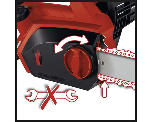 Detailopname van een kettingzaag die laat zien dat er geen gereedschap nodig is om de ketting te vervangen