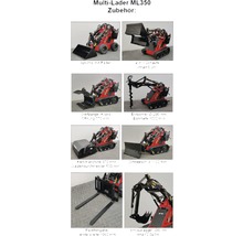 Multi-Lader ML350 Accessoires: Opties met wielen, 4-in-1 schep, grijper, grondboor 200 millimeter, veegmachine 570 millimeter walsdiameter, sneeuwschuif 1100 millimeter, palletvork en aanbouwgraafmachine