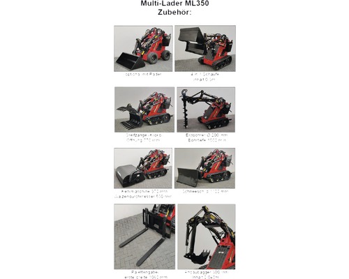 Multi-Lader ML350 Accessoires: Opties met wielen, 4-in-1 schep, grijper, grondboor 200 millimeter, veegmachine 570 millimeter walsdiameter, sneeuwschuif 1100 millimeter, palletvork en aanbouwgraafmachine