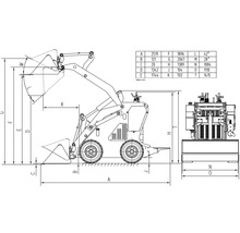 Technische tekening van een wiellader met afmetingen