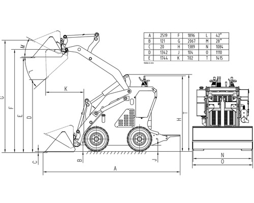 Technische tekening van een wiellader met afmetingen