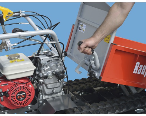 Detailopname van een rupsdumper met handbediening en Honda GX-motor
