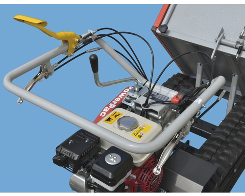 Detailopname van de Powerpac motor-minidumper met bedieningselementen en motor