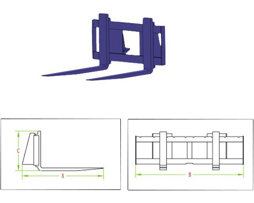 Vorkheftruck lepels voor lasttransport met afmetingsdetails