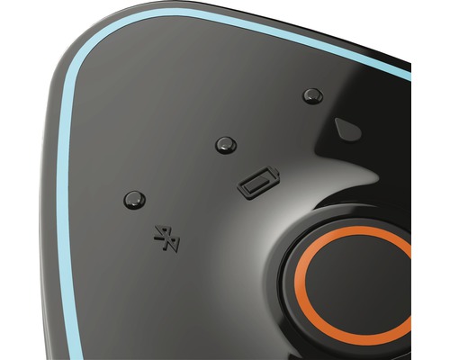 Detail van een apparaat met Bluetooth-symbool, batterij-indicator en bedieningsknoppen