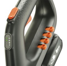 Detailopname van een grasschaar met bedieningselementen en batterij-indicator