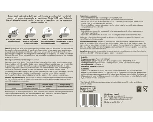 Informatie over het gebruik van Pokon Onkruid Weg! en instructies voor het aanbrengen plus informatie over de fabrikant