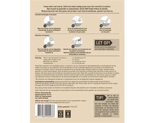 Informatie over de toepassing en dosering van Pokon Bio Lavameel